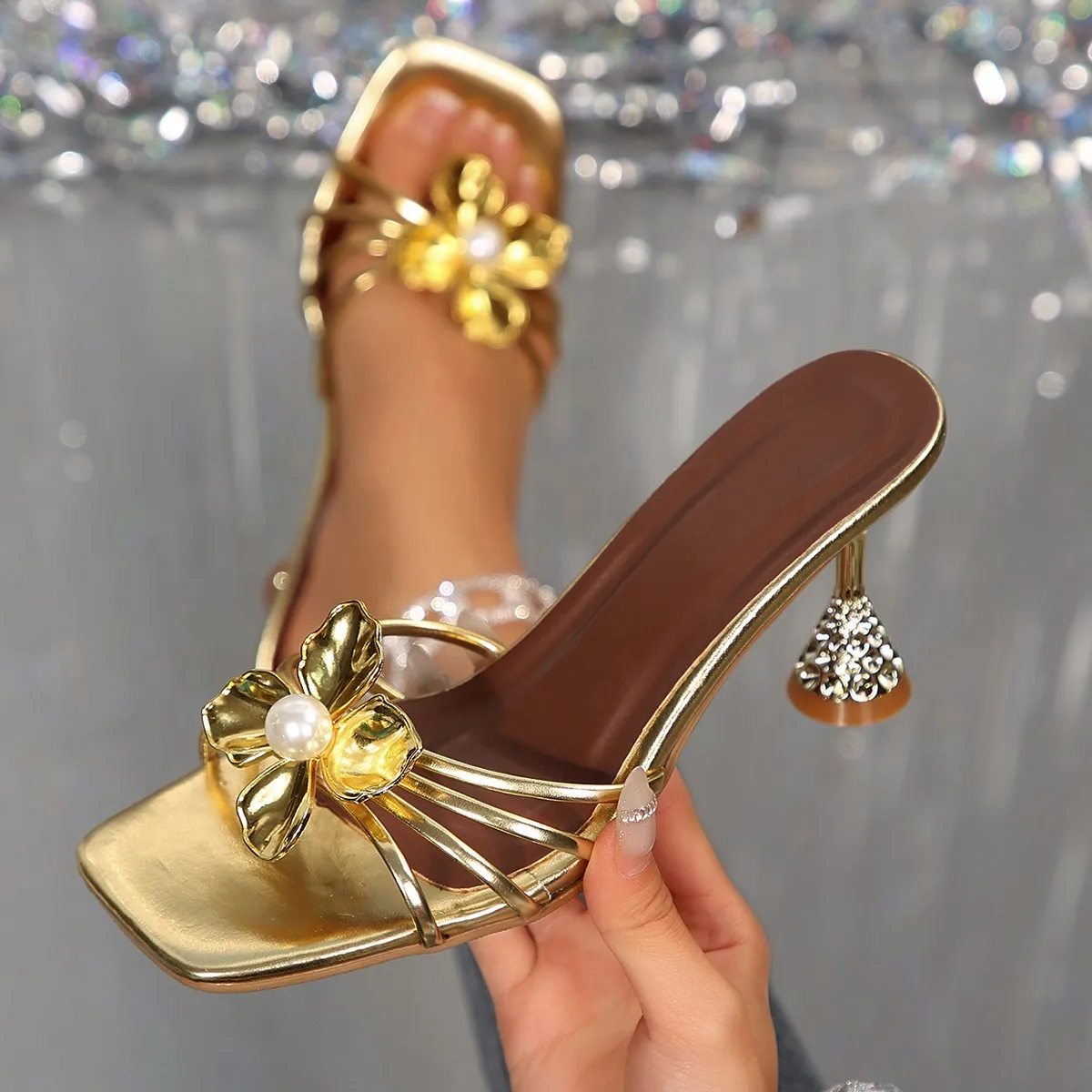 Vintage And Modern Fashion - Vintage Metal Flower Crystal Cone Heel